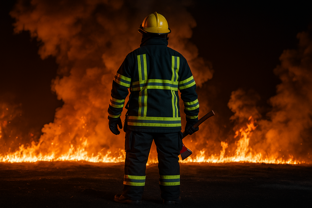 Feuerwehrmann mit einer Axt steht vor einem brennenden Feuer.